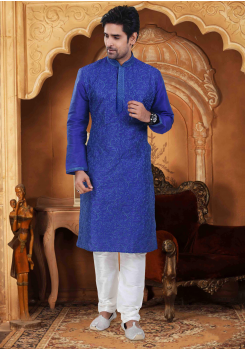 Navy Blue with White Color Silk Kurta Set